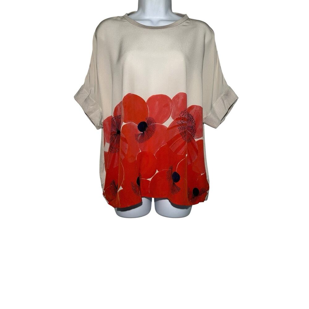 Akris Poppies Print Mulberry Silk Knit Oversized Designer Top Quiet Luxury Sz 8 - Picture 2 of 10